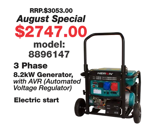 Heron 8.2kW 3 Phase Petrol Generator with Zero Gravity Frame