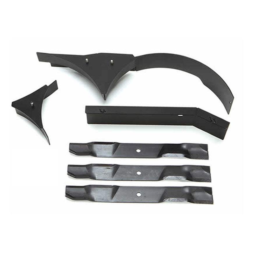 A set of black mulch blades and a black metal mulch kit for a lawn mower.