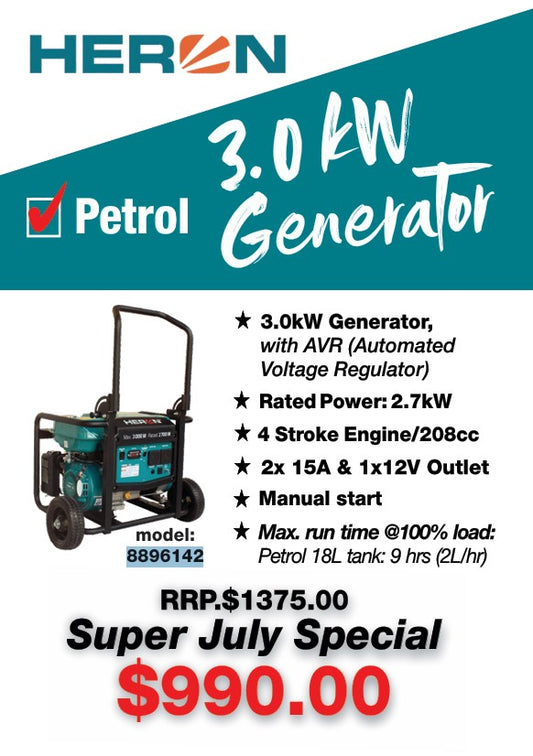 Heron 3.0kW Petrol Generator with Zero Gravity Frame