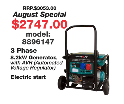 Heron 8.2kW 3 Phase Petrol Generator with Zero Gravity Frame
