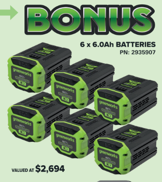 Greenworks 60V 42in Ride On Mower Kit + BONUS 6 x 6.0Ah Batteries