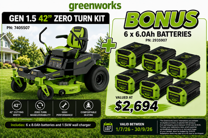 Greenworks 60V 42in Zero Turn Mower Kit + BONUS 6x6.0Ah Batteries