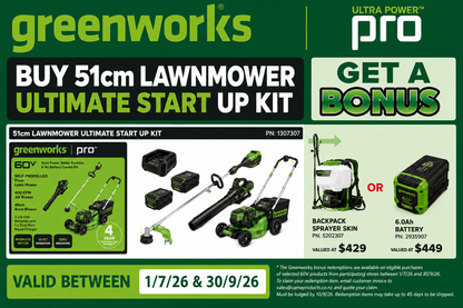 Greenworks 60V 51cm Self-Propelled Lawn Mower, Trimmer, Blower Kit + Bonus Backpack Sprayer Skin or 6.0Ah Battery