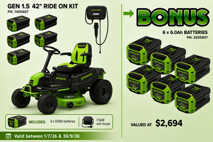 Greenworks 60V 42in Ride On Mower Kit + BONUS 6 x 6.0Ah Batteries